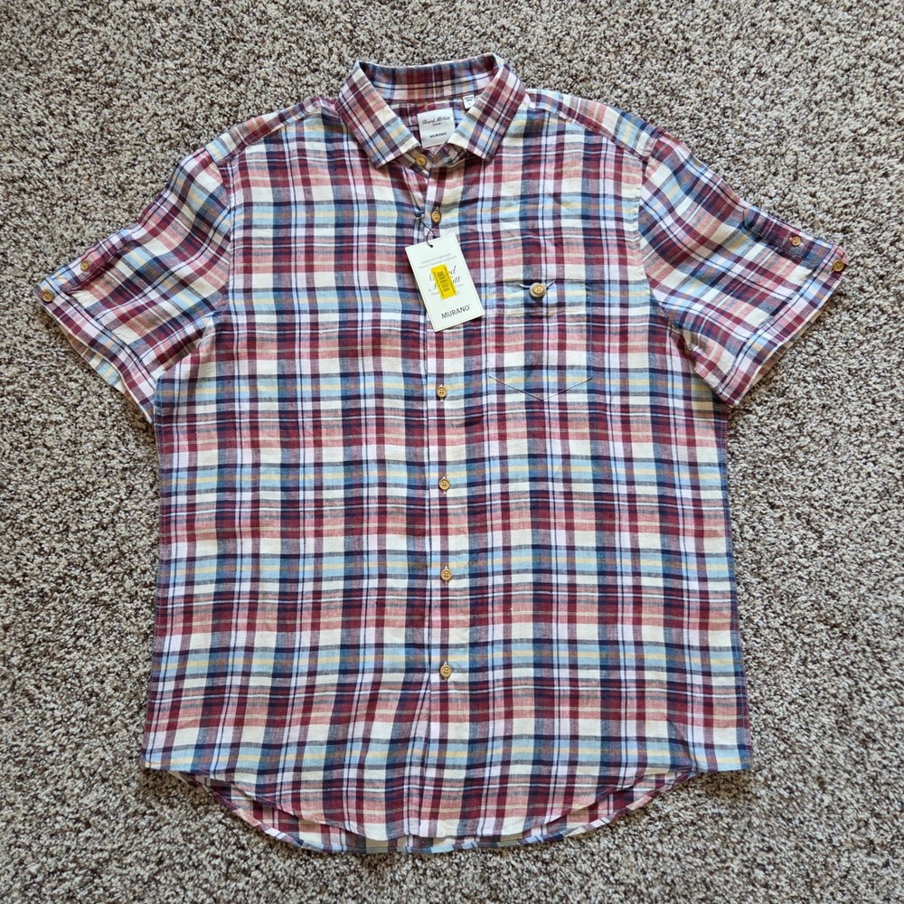 Baird McNutt NWT Murano 100% Linen Button Up Shirt Mens Lg Plaid Short Sleeves